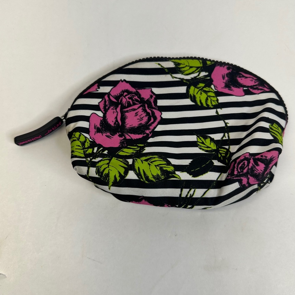 Betsey Johnson Floral Stripe Cosmetic Bag Pink Rose Black White Zipper Pouch
